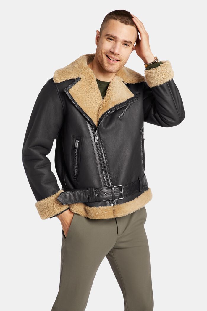 Unisex Leather Shearling Jacket, BLACK, detail image number 0