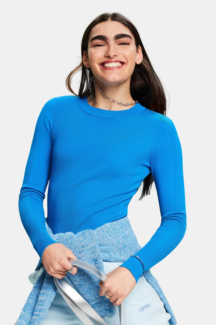 Rib-Knit Crewneck  Sweater, BLUE, detail image number 4