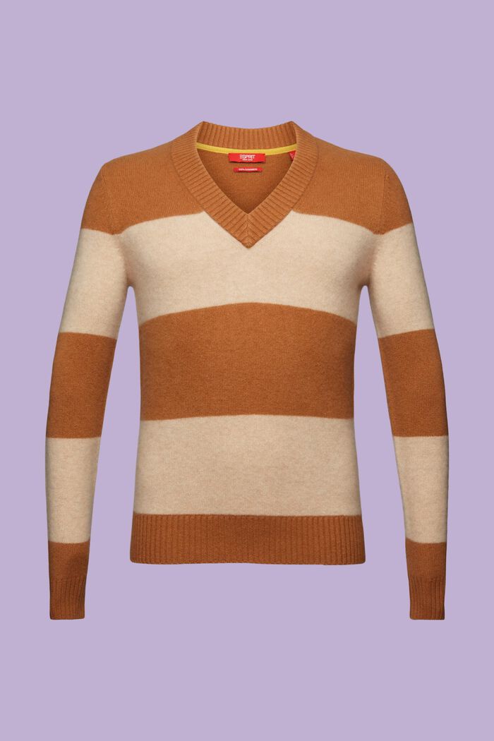 Cashmere V-Neck Rugby Stripe Sweater, BROWN, detail image number 7