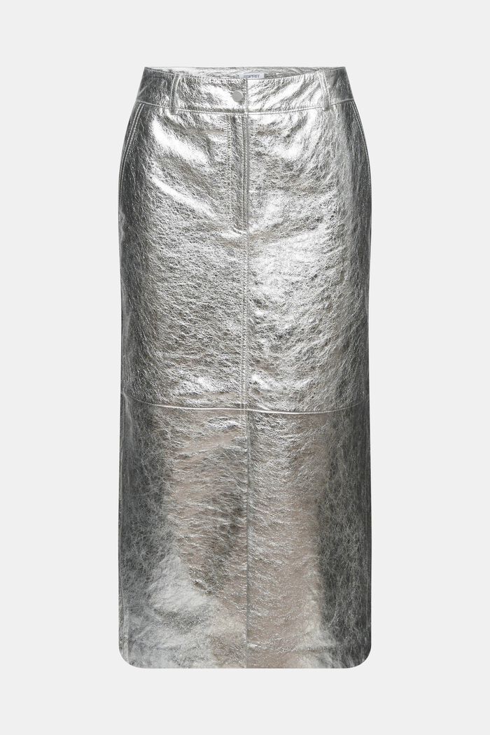 Coated Metallic Leather Skirt, LIGHT GREY, detail image number 6