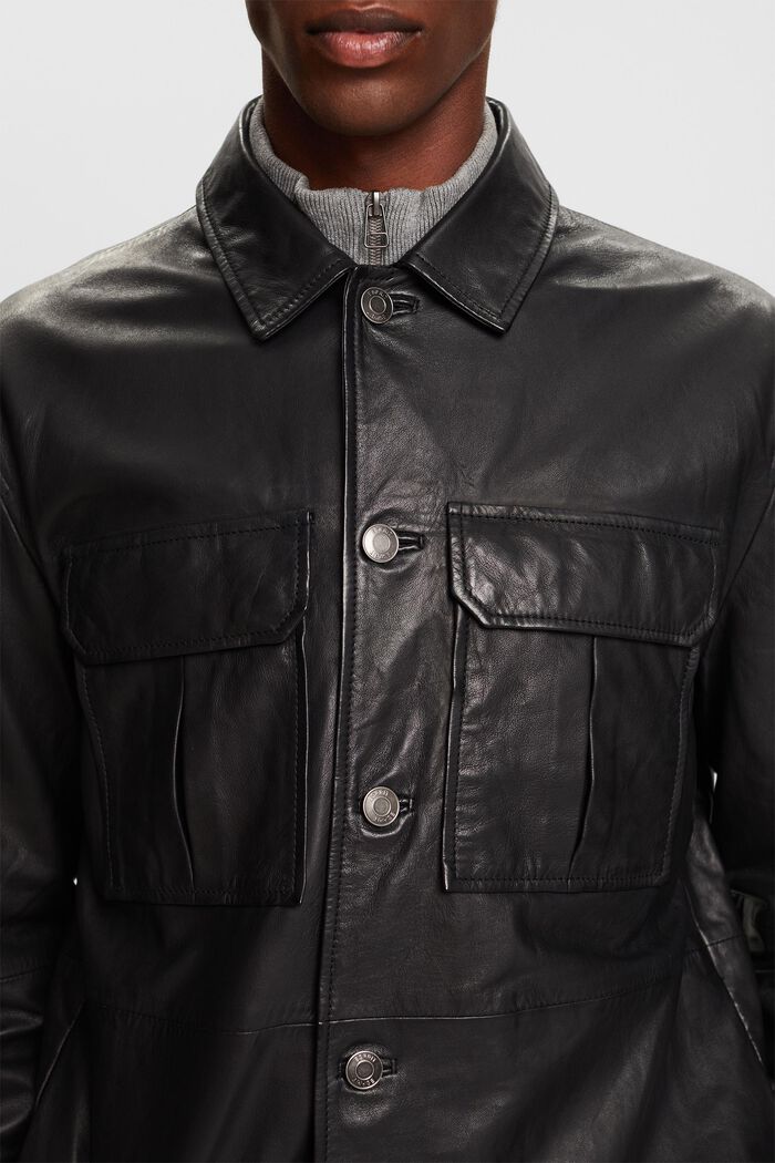 Leather Shirt Jacket, BLACK, detail image number 2