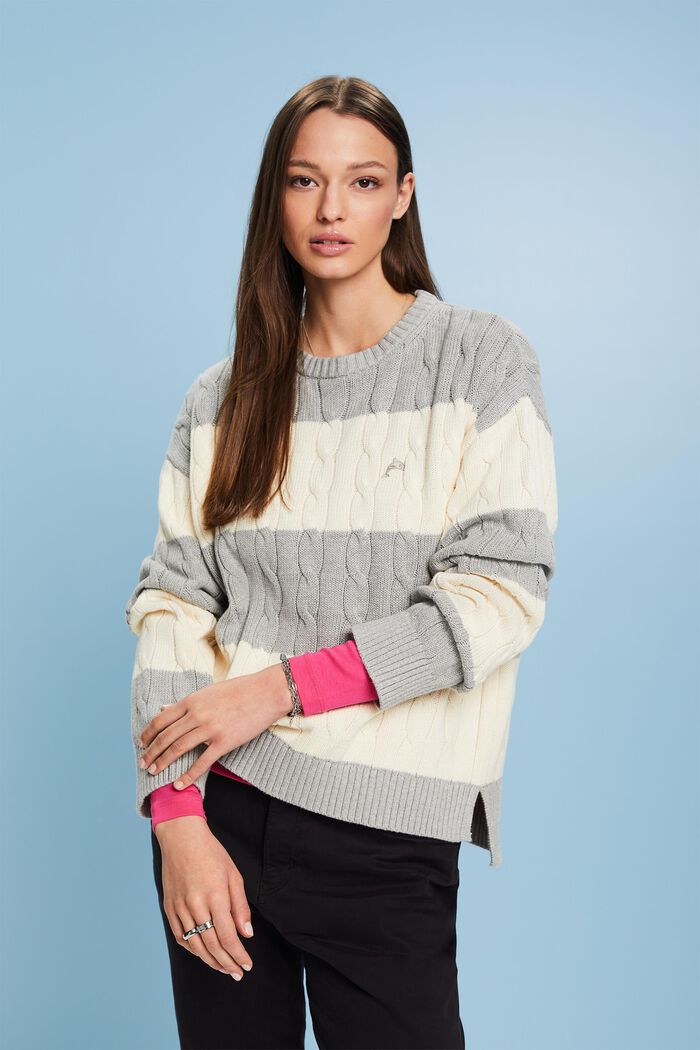 Striped Dolphin Logo Cable Knit Sweater, LIGHT GREY, detail image number 0