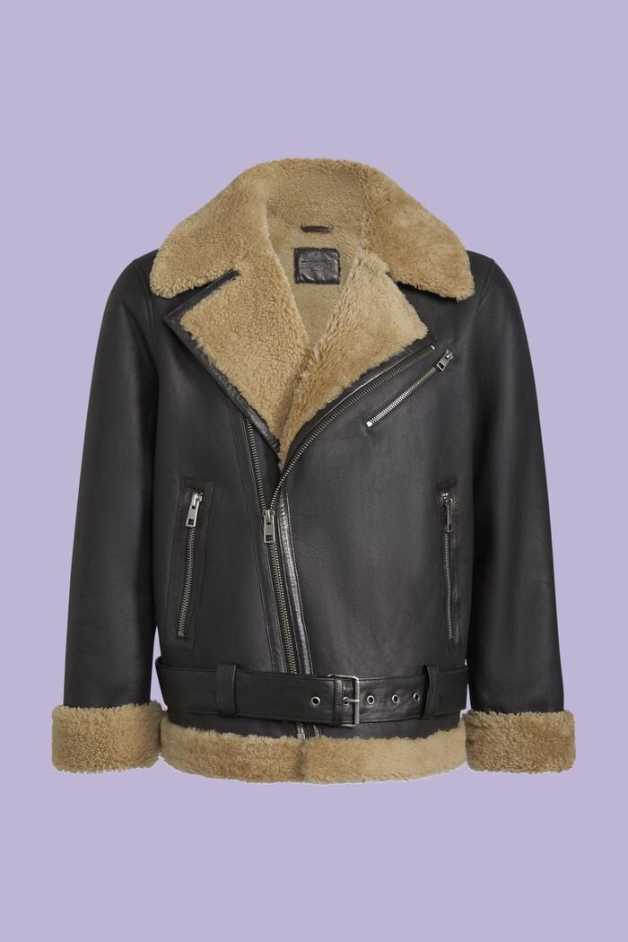 Unisex Leather Shearling Jacket, BLACK, detail image number 6