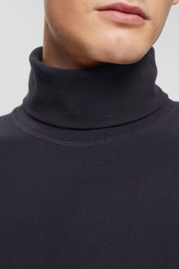 Long-sleeved waffle piqué top, 100% cotton, NAVY, detail image number 0