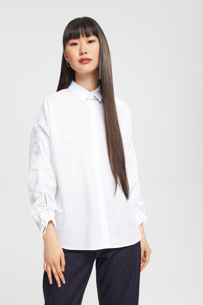 Shirt blouse with gathered sleeves, WHITE, detail image number 1