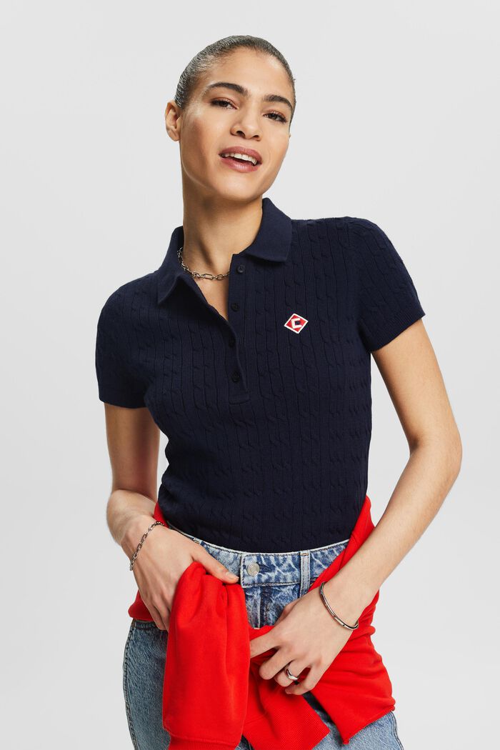 Cable-Knit Polo Shirt, NAVY, detail image number 0