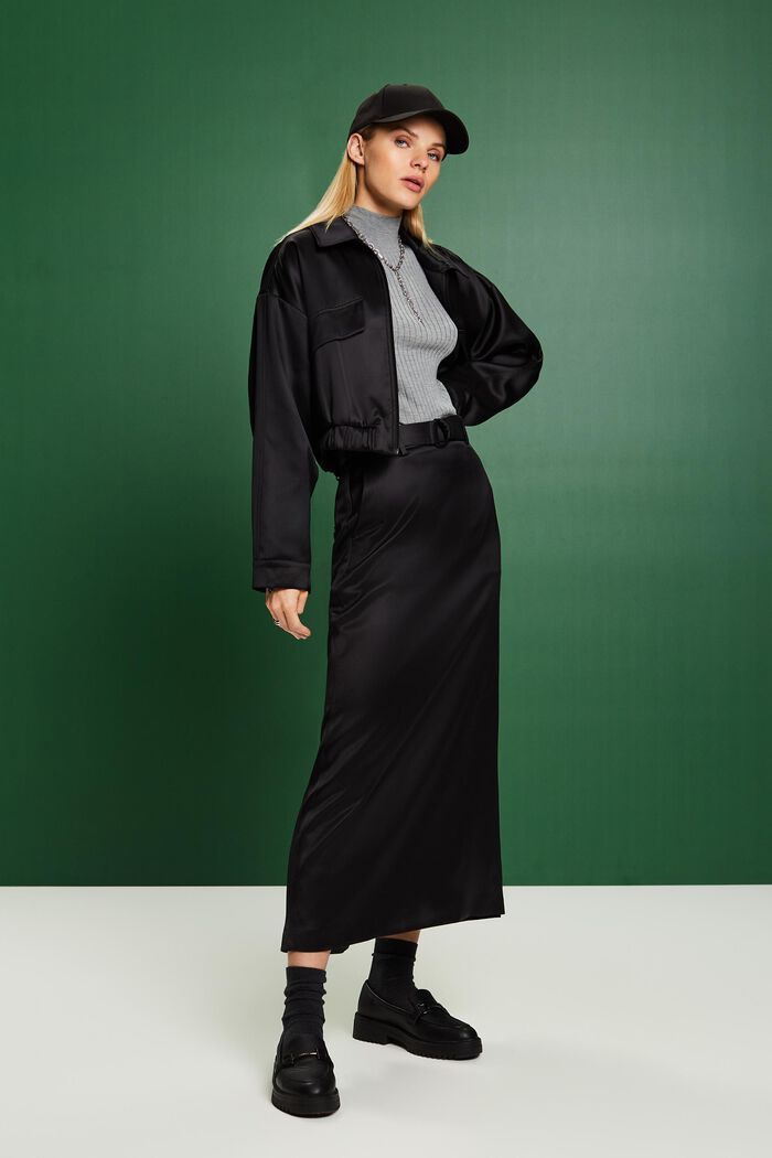 Satin Belted Maxi Skirt, BLACK, detail image number 1
