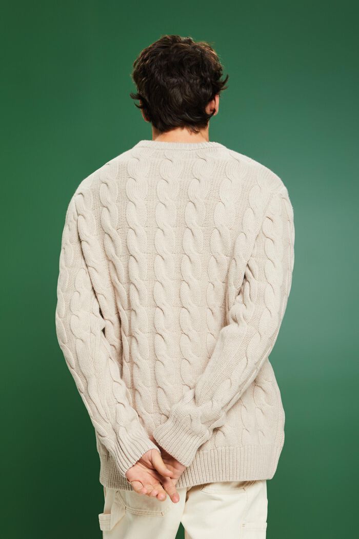 Wool Cable Knit Sweater, LIGHT TAUPE, detail image number 3