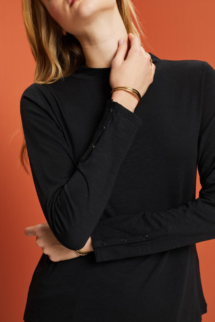 Jersey long sleeve top with button details, BLACK, detail image number 2