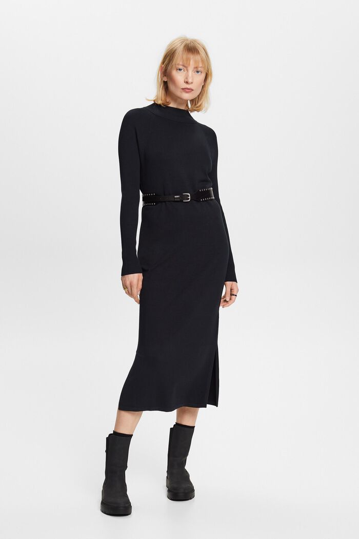 Knit Mock Neck Midi Dress, BLACK, detail image number 0