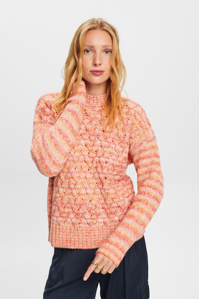 Striped Cable-Knit Sweater, BRIGHT ORANGE, detail image number 1