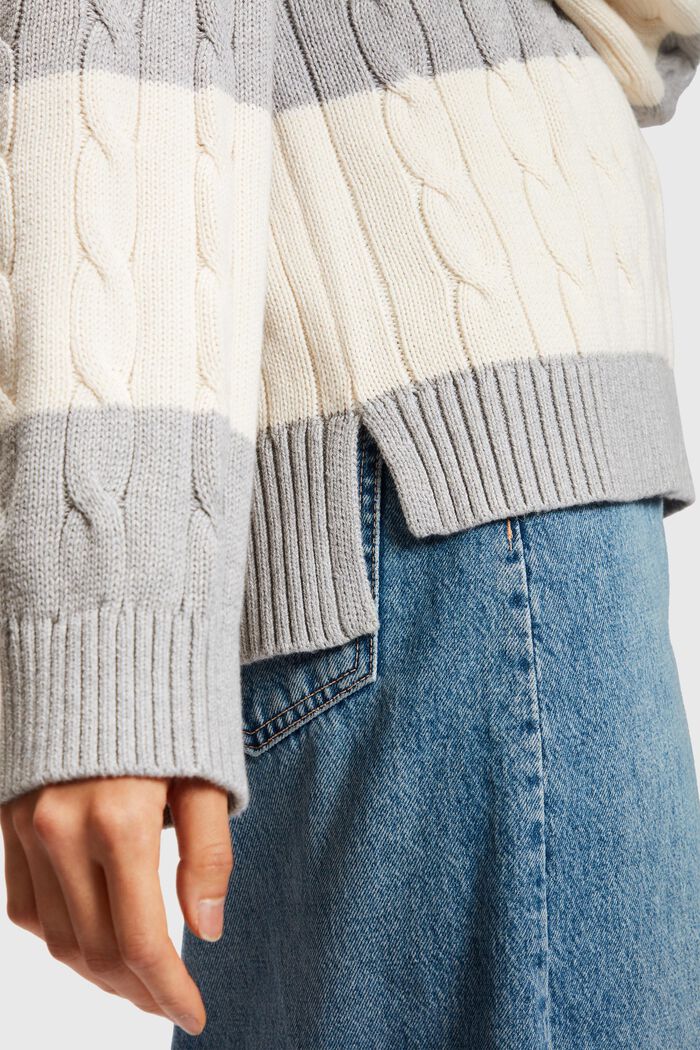 Striped Dolphin Logo Cable Knit Sweater, LIGHT GREY, detail image number 4