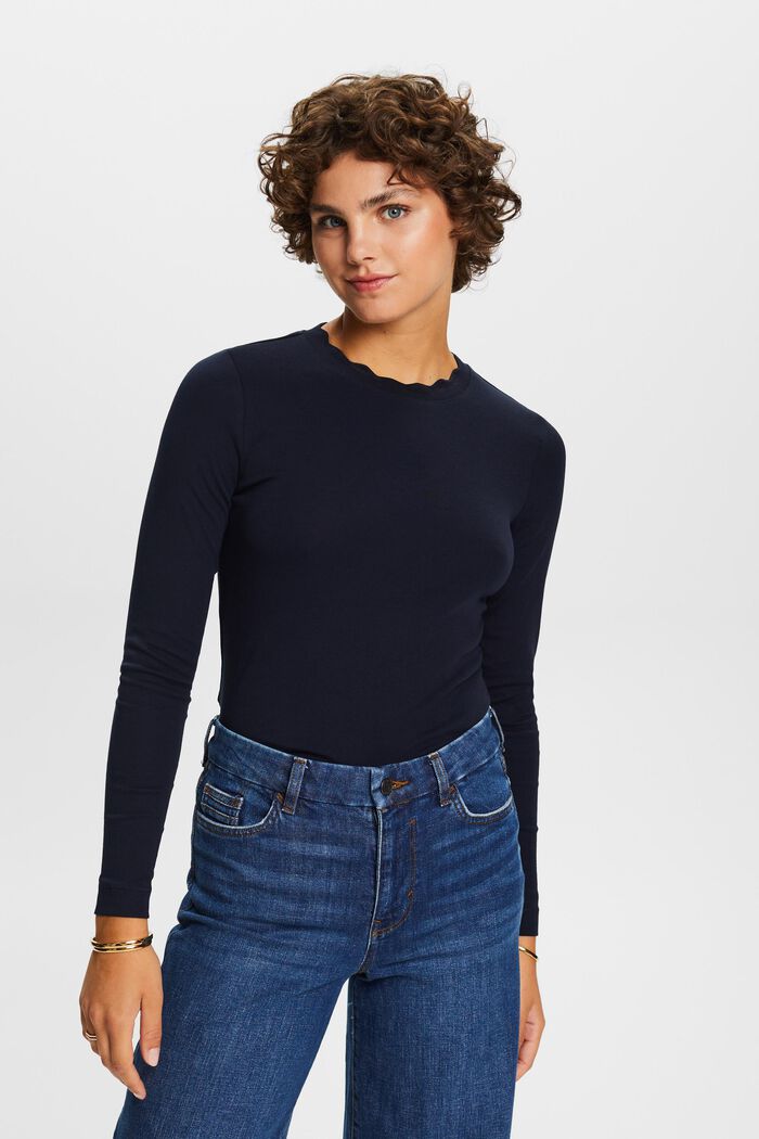Scallop-Trim Cotton Jersey Top, NAVY, detail image number 0