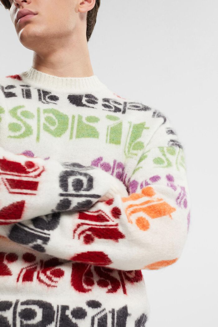 Wool blend jumper with colourful logo intarsia, OFF WHITE, detail image number 0