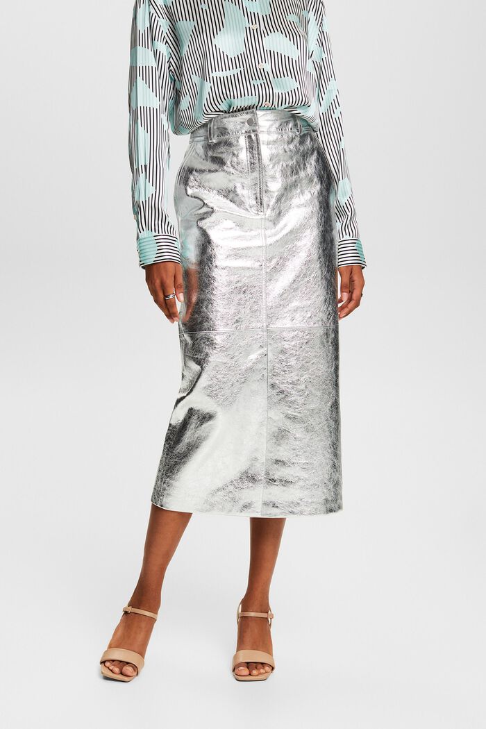 Coated Metallic Leather Skirt, LIGHT GREY, detail image number 0