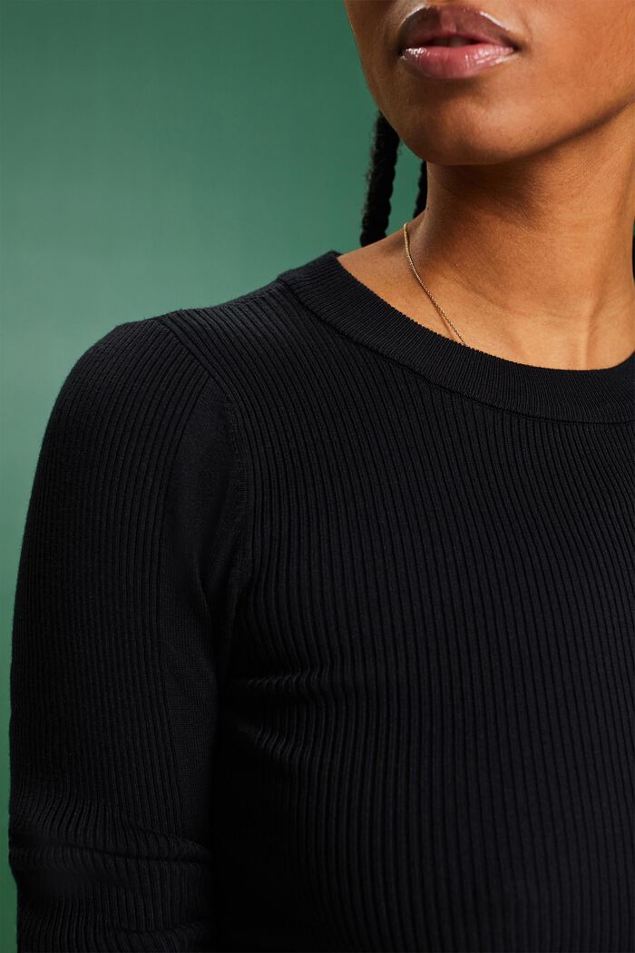 Rib-Knit Crewneck  Sweater, BLACK, detail image number 3