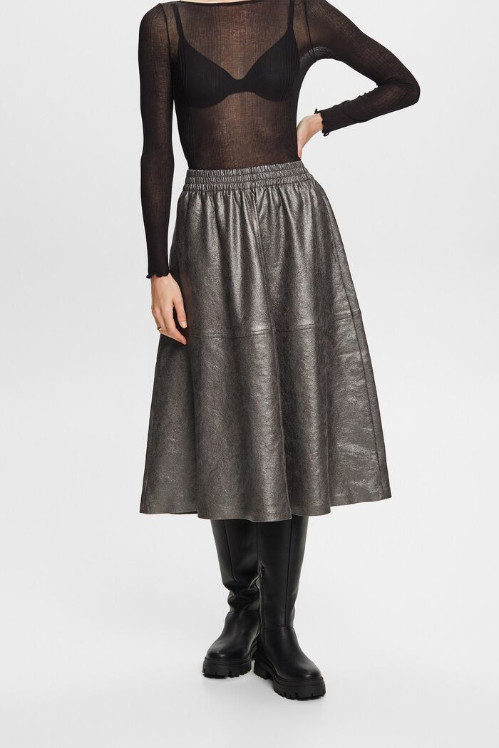 Metallic faux leather midi skirt, GUNMETAL, detail image number 1