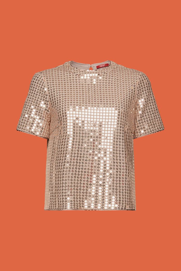 Sequin Short-Sleeve Blouse, LIGHT TAUPE, detail image number 6