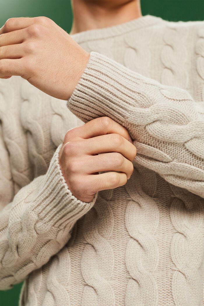 Wool Cable Knit Sweater, LIGHT TAUPE, detail image number 2