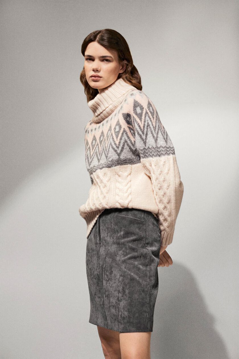 Jacquard knit roll neck jumper with wool