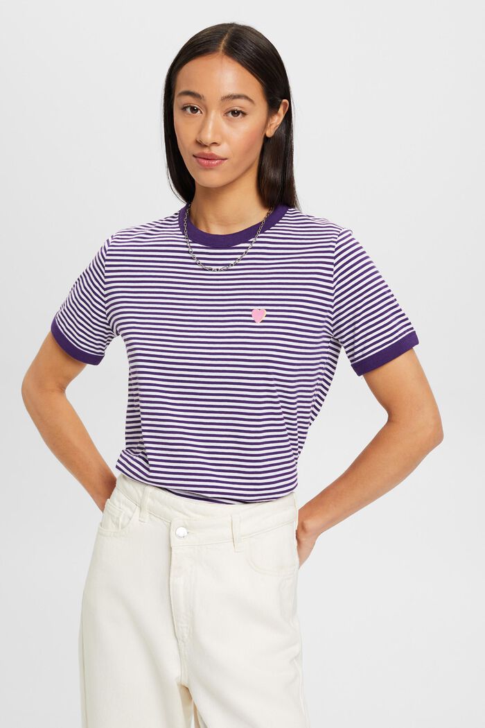 Striped cotton t-shirt with embroidered motif, DARK PURPLE, detail image number 0