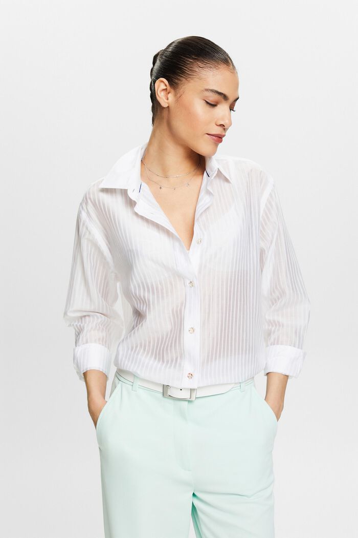 Sheer Striped Button-Up Shirt, WHITE, detail image number 0