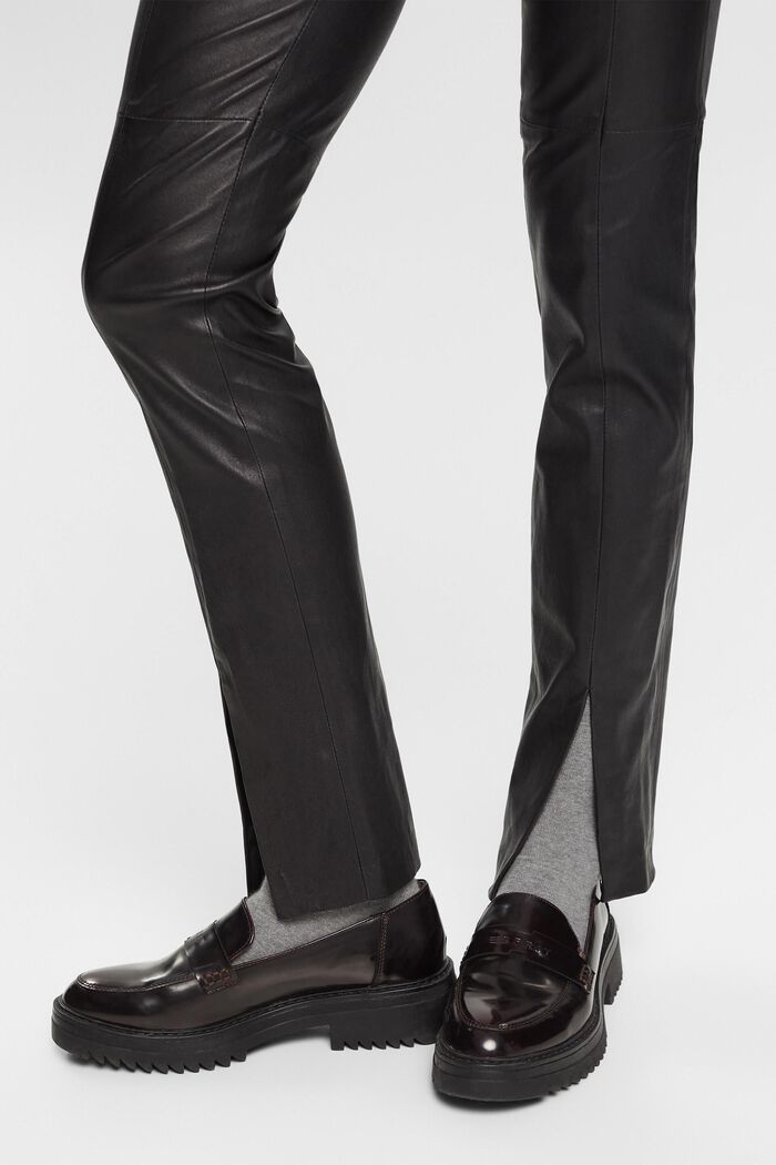 Mid-rise split hem leather trousers, BLACK, detail image number 4