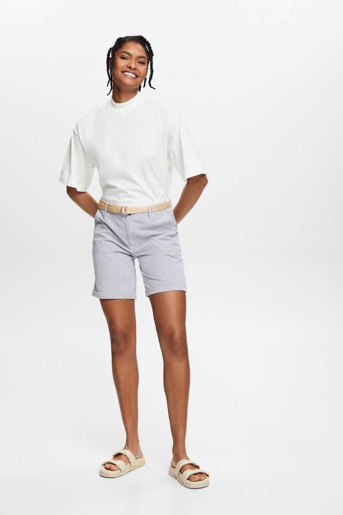Striped shorts with braided raffia belt, NAVY, detail image number 5