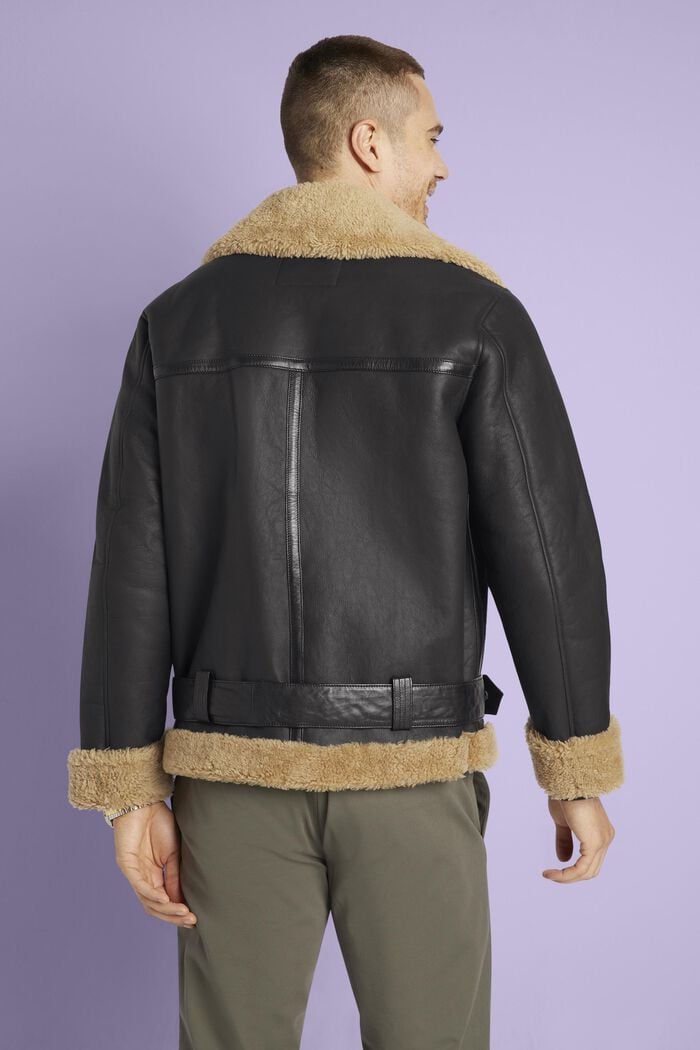 Unisex Leather Shearling Jacket, BLACK, detail image number 3
